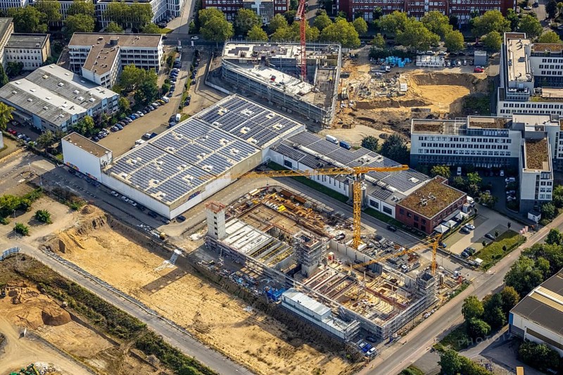 Aerial view, construction site at Marlene-Dietrich-Straße in Hansapark in the district Heerdt in Düsseldorf, Rhineland, North Rhine-Westphalia, Germany, DE, Düsseldorf, Europe, aerial view, aerial photography, aerial photography, overview, bird's-eye view, overview