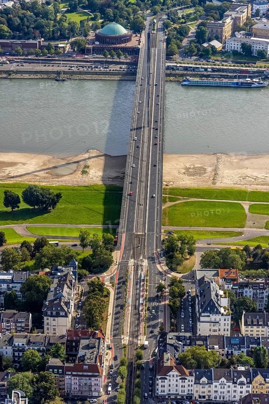 Aerial view, Oberkasseler Brücke over the river Rhine and Tonhalle in the district Altstadt in Düsseldorf, Rhineland, North Rhine-Westphalia, Germany, bridge, DE, Düsseldorf, Europe, culture, art, aerial view, aerial photography, aerial photography, overview, venue, event location, bird's eye view, birds-eyes view, cultural use, overview