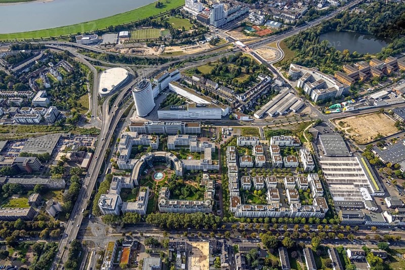 Aerial view, Vodafone Campus and Prinzenpark in the district Heerdt in Düsseldorf, Rhineland, North Rhine-Westphalia, Germany, DE, Düsseldorf, Europe, commercial enterprises, commercial area, commercial park, commercial location, commercial use, industrial area, aerial view, aerial photography, aerial photography, overview, bird's-eye view, overview