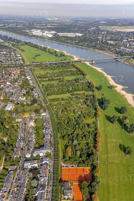 Aerial view, allotment garden association Am Pappelwäldchen am Kaiser-Friedrich-Ring und Rheinwiesen im Stadtteil Niederkassel in Düsseldorf, Rhineland, North Rhine-Westphalia, Germany, DE, Düsseldorf, Europe, community garden, allotment garden, allotment garden site, allotment garden association, allotment gardener association, aerial view, aerial photography, aerial photography, allotment garden, overview, bird's-eye view, overview