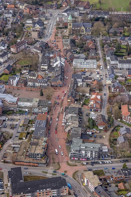Aerial view, construction site new building project Kirchhellener arcades at Schulstraße at Alter Markt, corner Kirchstraße, St. Johannes Kirche Hauptstraße, Bottrop-Kirchhellen, Ruhr area, North Rhine-Westphalia, Germany, construction work, construction area, construction site, building plots, construction project, construction site, DE, shopping street, Europe, property tax, Hans Büning Platz, real estate, aerial view, aerial photography, aerial photography, new construction, overview, bird's eye view, living and life, residential area, residential buildings, birds-eyes view, overview