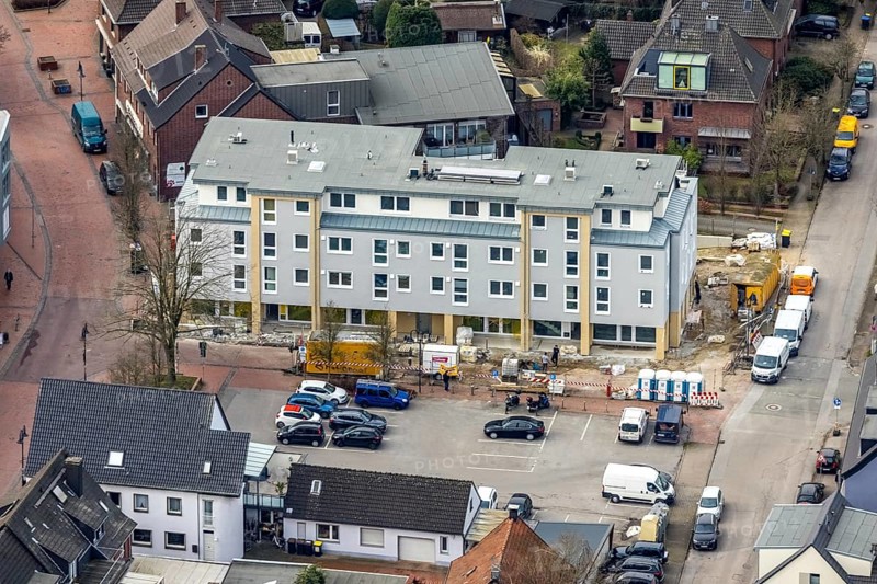Aerial view, construction site, new building project Kirchhellener arcades at Schulstraße at Alter Markt, corner Kirchstraße, Bottrop-Kirchhellen, Ruhr area, North Rhine-Westphalia, Germany, construction work, construction area, building site, building plots, construction project, construction site, DE, Europe, aerial view, aerial photography, aerial photography, new building, overview, bird's-eye view, bird's-eye view, overview