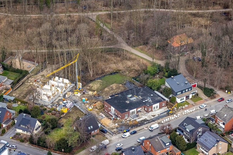 Aerial view, construction site kindergarten at Horsthofstraße, Bottrop-Kirchhellen, Ruhr area, North Rhine-Westphalia, Germany, construction work, construction area, construction site, building site, construction project, construction site, DE, Europe, GBB, kindergarten, day nursery, day care centre, day care centre, aerial photograph, aerial photography, aerial photography, new building, overview, bird's-eye view, overview