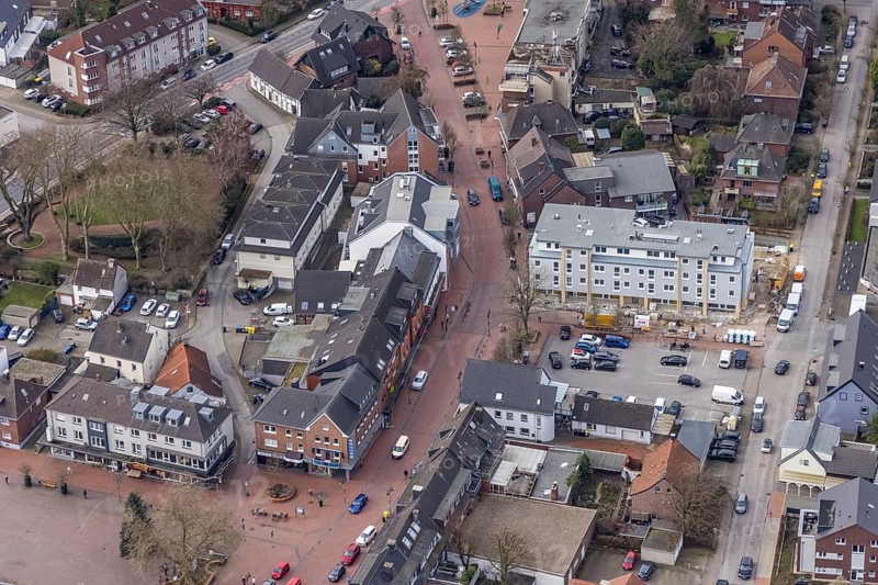 Aerial view, construction site, new building project Kirchhellener arcades at Schulstraße at Alter Markt, corner Kirchstraße, main street, Bottrop-Kirchhellen, Ruhr area, North Rhine-Westphalia, Germany, construction work, construction area, building site, building plots, construction project, construction site, DE, shopping street, Europe, aerial view, aerial photography, aerial photography, new building, overview, bird's-eye view, overview