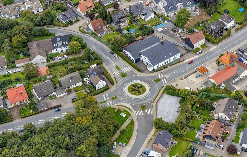 Aerial view, roundabout Frankfurter Straße in Breckerfeld, Sauerland, North Rhine-Westphalia, Germany, Breckerfeld, DE, Europe, roundabout, roundabout, aerial view, aerial photography, aerial photography, overview, bird's-eye view, overview