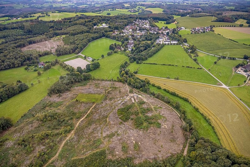 Aerial view, forest area with forest damage with view of district Waldbauer Zurstraße in Breckerfeld, Sauerland, North Rhine-Westphalia, Germany, Breckerfeld, DE, Europe, aerial view, aerial photography, aerial photography, overview, bird's-eye view, overview