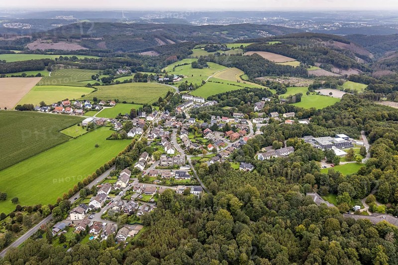 Aerial view, hilly landscape and local view with specialised hospital Homborn and short-term home Homborn in the district Zurstraße in Breckerfeld, Sauerland, North Rhine-Westphalia, Germany, Breckerfeld, DE, Europe, property tax, real estate, aerial view, aerial photography, aerial photography, overview, bird's-eye view, residential complex, living and living, residential area, residential buildings, quality of life, birds-eyes view, overview