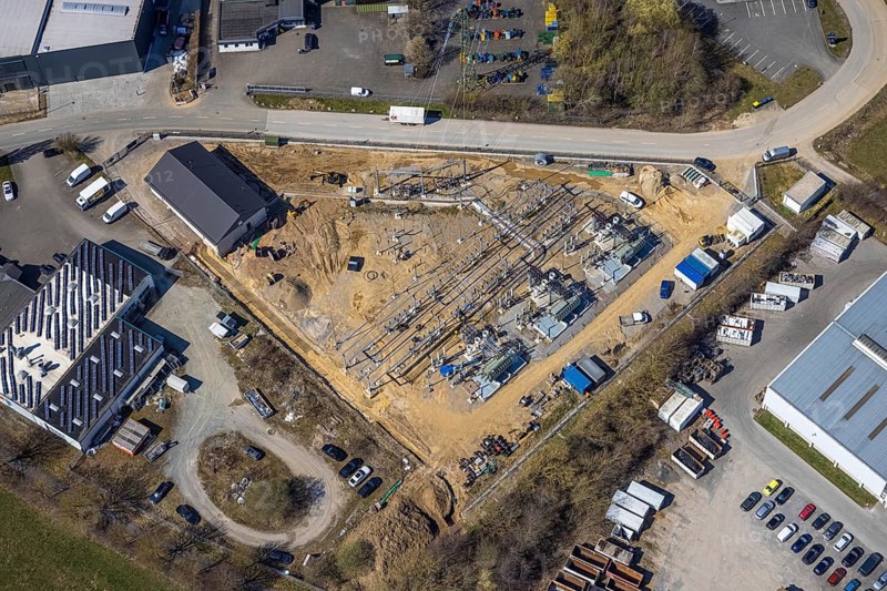 Aerial view, industrial estate Ostring, construction site EnergieStation Brilon, Brilon, Sauerland, North Rhine-Westphalia, Germany, DE, energy supplier, energy industry, Europe, aerial photograph, aerial photography, aerial photography, overview, bird's-eye view, overview
