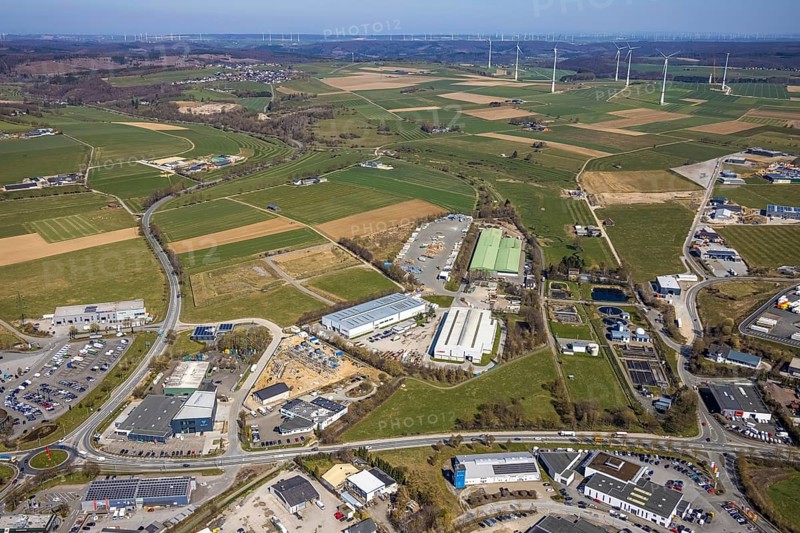 Aerial view, commercial area Möhnestraße, Brilon, Sauerland, North Rhine-Westphalia, Germany, DE, Europe, distant view, commercial enterprises, commercial area, commercial area, commercial location, commercial use, industrial area, industrial location, roundabout, roundabout, aerial photograph, aerial photography, aerial photography, mosaic form, overview, bird's-eye view, meadows and fields, birds-eyes view, overview