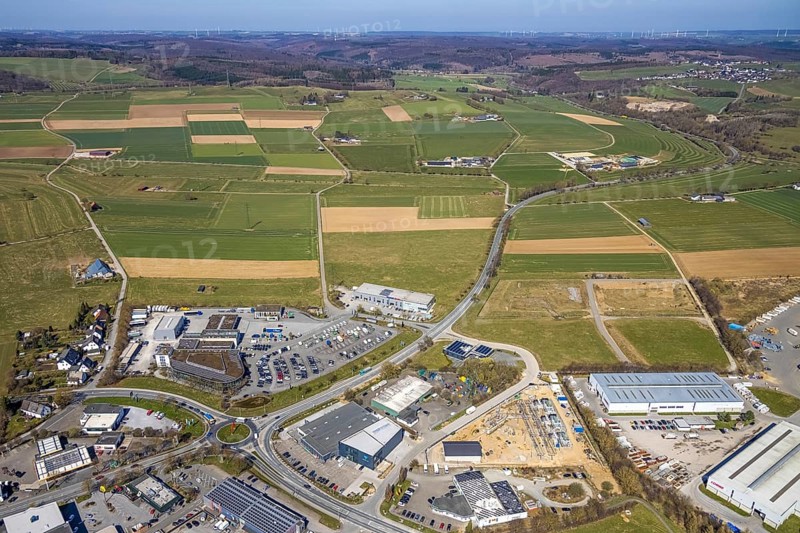 Aerial view, commercial area Möhnestraße, Brilon, Sauerland, North Rhine-Westphalia, Germany, DE, Europe, distant view, commercial enterprises, commercial area, commercial area, commercial location, commercial use, industrial area, industrial location, roundabout, roundabout, aerial photograph, aerial photography, aerial photography, mosaic form, overview, bird's-eye view, meadows and fields, birds-eyes view, overview