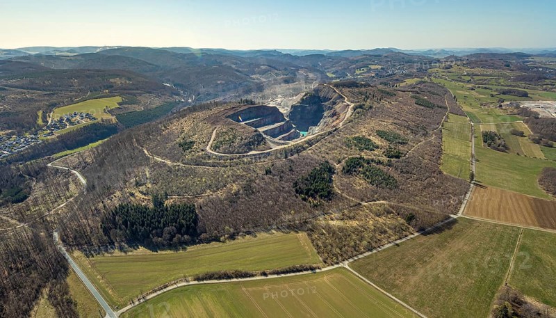 Aerial view, Bilstein quarry, Westdeutsche Grauwacke-Union, Brilon, Sauerland, North Rhine-Westphalia, Germany, Bergisch-Westerwälder Hartsteinwerke, Bilsteinhalde, DE, Europe, distant view, Hochsauerlandkreis, aerial view, aerial photography, aerial photography, quarry, overview, bird's-eye view, branch office of Basalt AG, birds-eyes view, overview