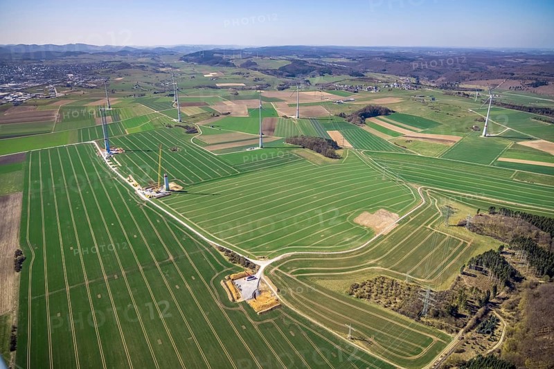 Aerial view, construction site new wind turbines, Oberalme, Brilon, Sauerland, North Rhine-Westphalia, Germany, alternative energy, DE, Europe, aerial view, aerial photography, aerial photography, overview, bird's-eye view, meadows and fields, wind energy, wind turbine, wind power, wind turbine, wind turbines, birds-eyes view, overview
