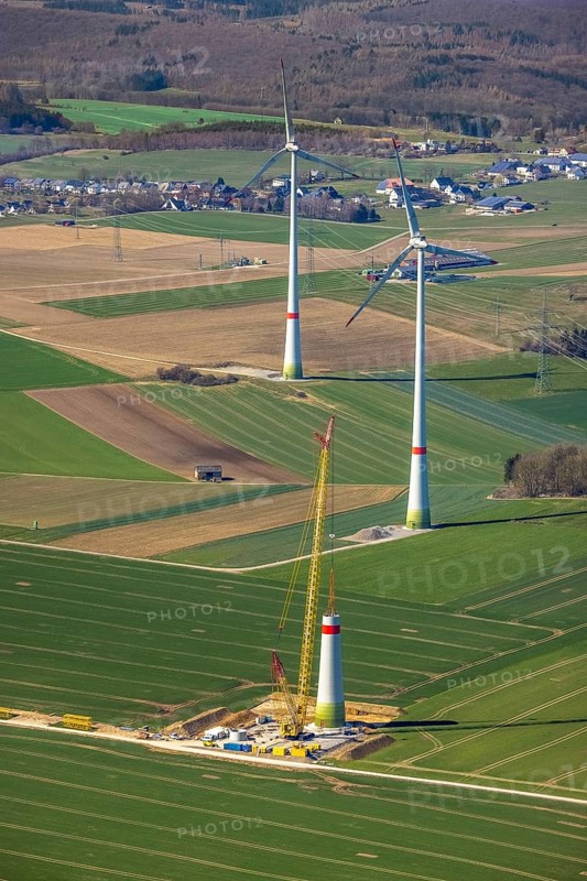 Aerial view, construction site new wind turbines, Oberalme, Brilon, Sauerland, North Rhine-Westphalia, Germany, alternative energy, DE, Europe, aerial view, aerial photography, aerial photography, nature reserve Halle, overview, bird's eye view, meadows and fields, wind energy, wind turbine, wind power, wind turbine, wind turbines, birds-eyes view, overview