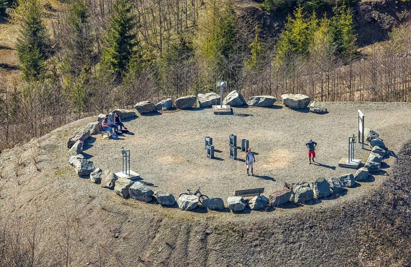Aerial view, stone circle and viewpoint at Bilstein quarry, Brilon, Sauerland, North Rhine-Westphalia, Germany, viewpoint, Bilsteinhalde, DE, Europe, aerial view, aerial photography, aerial photography, quarry, overview, bird's-eye view, birds-eyes view, overview