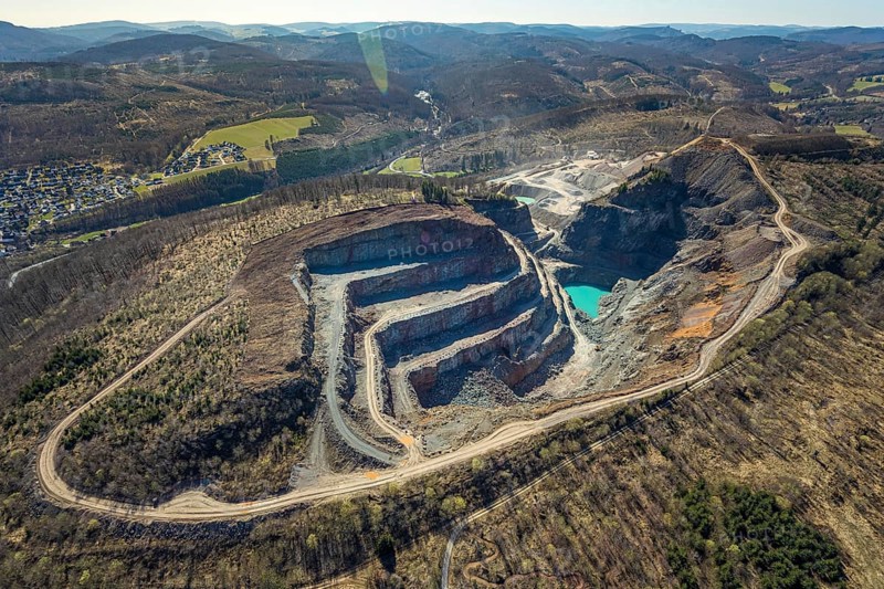 Aerial view, Bilstein quarry, Westdeutsche Grauwacke-Union, Brilon, Sauerland, North Rhine-Westphalia, Germany, Bergisch-Westerwälder Hartsteinwerke, Bilsteinhalde, DE, Europe, distant view, Hochsauerlandkreis, aerial view, aerial photography, aerial photography, quarry, overview, bird's-eye view, branch office of Basalt AG, birds-eyes view, overview