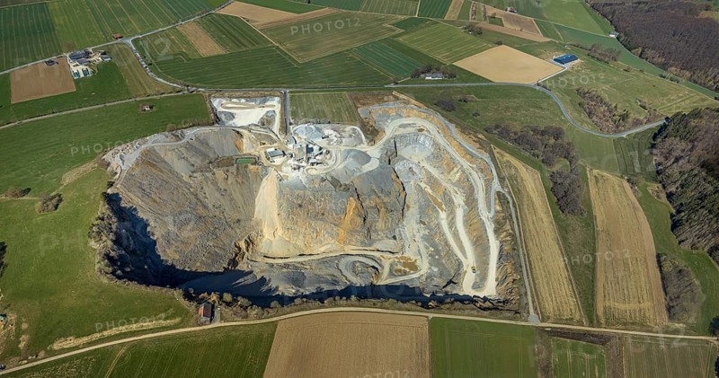 Aerial view, Thülen gravel works, Thülen, Brilon, Sauerland, North Rhine-Westphalia, Germany, DE, Europe, Hochsauerlandkreis, aerial view, aerial photography, aerial photography, mosaic shape, quarry, overview, bird's-eye view, forest area, meadows and fields, birds-eyes view, overview