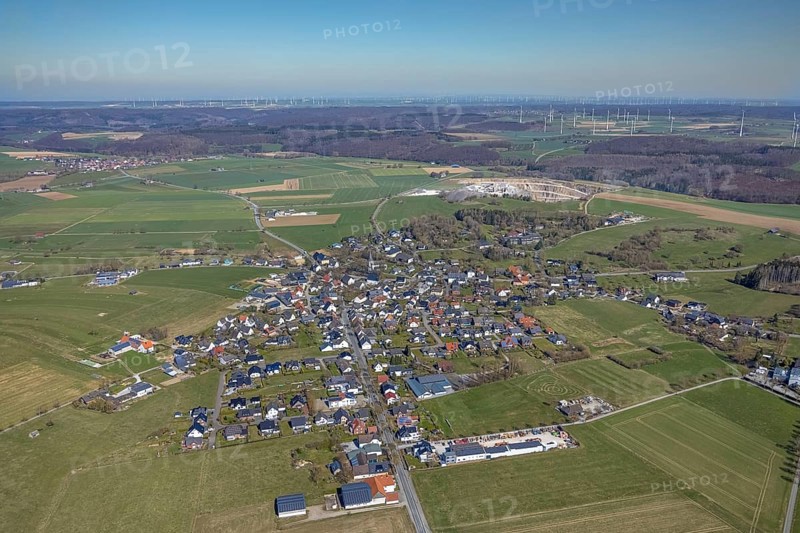 Aerial view, local view with quarry Schotterwerk Thülen, Thülen, Brilon, Sauerland, North Rhine-Westphalia, Germany, DE, Europe, property tax, real estate, aerial view, aerial photography, aerial photography, quarry, overview, bird's eye view, WEA, meadows and fields, wind energy, wind energy plant, wind power, wind power plant, wind farm, wind turbines, residential area, residential area, residential buildings, residential quality, residential neighbourhood, residential estate, birds-eyes view, overview