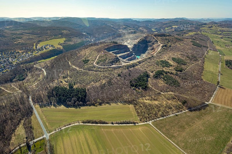 Aerial view, Bilstein quarry, Westdeutsche Grauwacke-Union, Brilon, Sauerland, North Rhine-Westphalia, Germany, Bergisch-Westerwälder Hartsteinwerke, Bilsteinhalde, DE, Europe, distant view, Hochsauerlandkreis, aerial view, aerial photography, aerial photography, quarry, overview, bird's-eye view, branch office of Basalt AG, birds-eyes view, overview