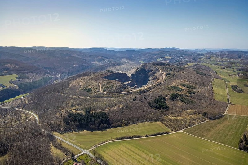 Aerial view, Bilstein quarry, Westdeutsche Grauwacke-Union, Brilon, Sauerland, North Rhine-Westphalia, Germany, Bergisch-Westerwälder Hartsteinwerke, Bilsteinhalde, DE, Europe, distant view, Hochsauerlandkreis, aerial view, aerial photography, aerial photography, quarry, overview, bird's-eye view, branch office of Basalt AG, birds-eyes view, overview