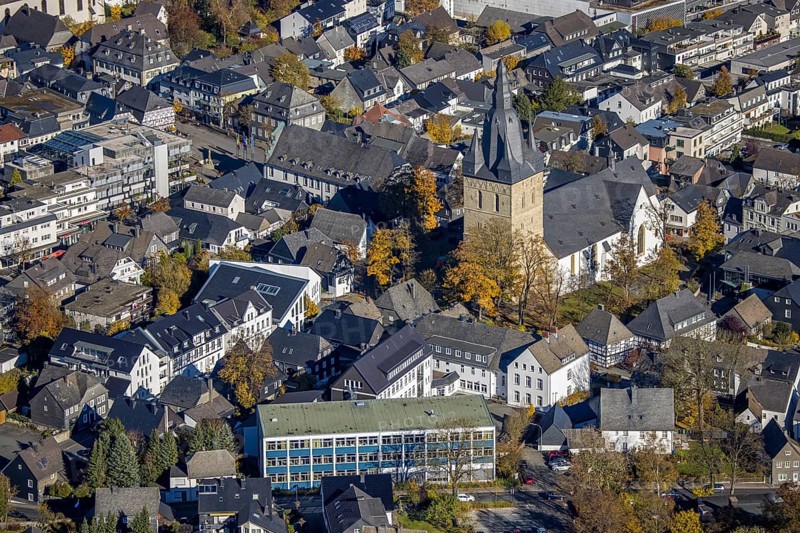 Aerial view, city centre view with catholic provost church in Brilon, Sauerland, North Rhine-Westphalia, Germany, place of worship, Brilon, DE, Europe, religious community, place of worship, holy place, church, parish, denomination, aerial view, aerial photography, aerial photography, religion, religious site, overview, bird's eye view, birds-eyes view, overview