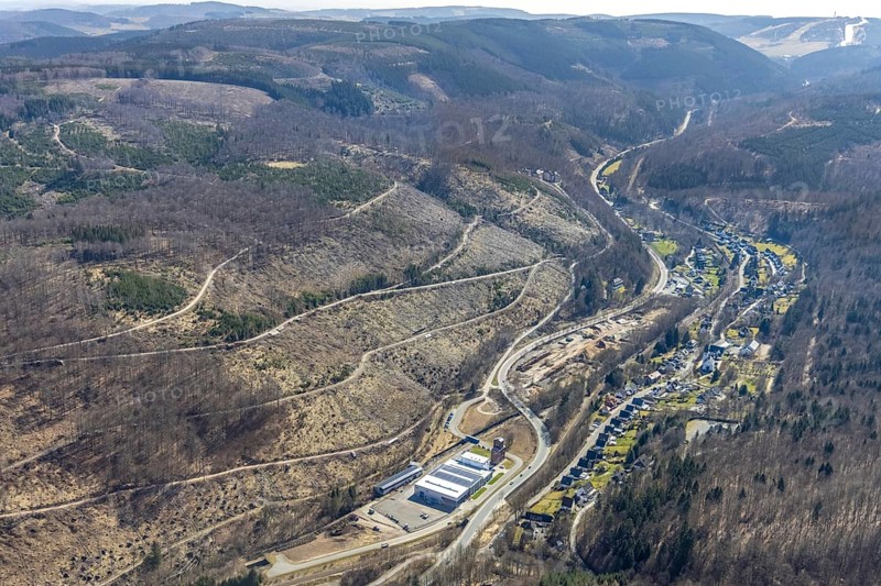 Aerial view, construction site renovation of the B251 Korbacher Straße, Waldsterben, Brilon-Wald, Brilon, Sauerland, North Rhine-Westphalia, Germany, construction work, construction area, building site, building plots, construction measure, construction project, construction site, federal road B251, DE, renovation, vinegar tower, Europe, aerial view, aerial photography, aerial photography, North Rhine-Westphalia regional office Sauerland-Hochstift, renovation, refurbishment, tower, overview, bird's-eye view, overview