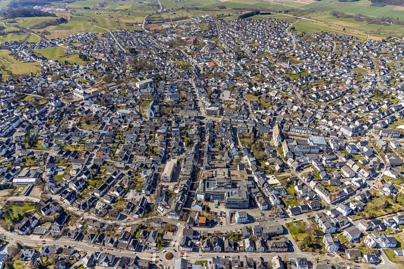 Aerial view, city centre view, Brilon, Sauerland, North Rhine-Westphalia, Germany, City, DE, Europe, city centre, aerial view, aerial photography, aerial photography, townscape, city area, city centre, overview, bird's eye view, birds-eyes view, overview