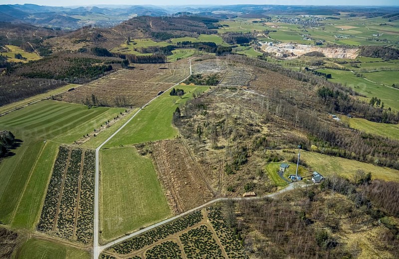 Aerial view, nature reserve Poppenberg, forest dieback, hut Ski-Club Brilon, Brilon, Sauerland, North Rhine-Westphalia, Germany, Briloner Hartstein Werk, DE, Europe, distant view, hilly landscape, aerial view, aerial photography, aerial photography, quarry, overview, bird's-eye view, overview