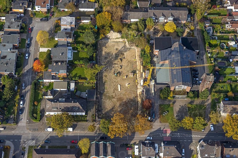Aerial view, construction site at the former church St. Elisabeth with solar roof in the north-east district of Bottrop, Ruhr area, North Rhine-Westphalia, Germany, place of worship, construction work, construction area, building site, building plots, construction crane, construction project, construction site, Bottrop, DE, Europe, religious community, place of worship, holy place, church, parish, denomination, aerial view, aerial photography, aerial photography, religion, religious site, overview, bird's-eye view, overview