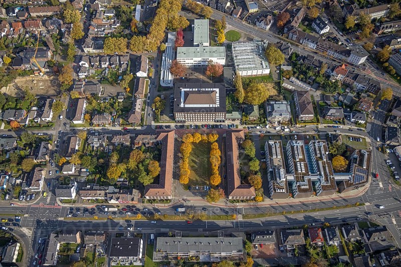 Aerial view, Hochschule Ruhr West - Campus Bottrop, Hans-Sachs-Platz and trees in autumn colours in the district Nord-Ost in Bottrop, Ruhr area, North Rhine-Westphalia, Germany, row of trees, Bottrop, DE, Europe, aerial view, aerial photography, aerial photography, overview, bird's-eye view, birds-eyes view, overview