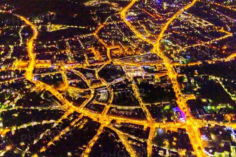 Aerial view, city, Hansa Zentrum, Berliner Platz shopping centre, south-west, Bottrop, Ruhr area, North Rhine-Westphalia, Germany, outdoor lighting, DE, twilight, shopping square, shopping centre, Europe, city centre, light pollution, aerial photography, aerial photography, night aerial photography, city centre, streetlights, street lamps, overview, bird's eye view, illuminated, illuminated houses, illuminated house, birds-eyes view, artificial light, night, nightflight, overview