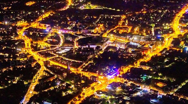 Aerial view, city, Hansa Zentrum, Berliner Platz shopping centre, south-west, Bottrop, Ruhr area, North Rhine-Westphalia, Germany, outdoor lighting, DE, twilight, shopping square, shopping centre, Europe, city centre, light pollution, aerial photography, aerial photography, night aerial photography, city centre, streetlights, street lamps, overview, bird's eye view, illuminated, illuminated houses, illuminated house, birds-eyes view, artificial light, night, nightflight, overview
