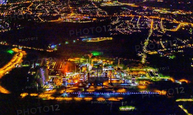 Aerial view, Prosper coking plant, Boy, Bottrop, Ruhr area, North Rhine-Westphalia, Germany, outdoor lighting, Prosper-Haniel mine, DE, twilight, Europe, gasometer, commercial enterprises, commercial area, commercial area, commercial use, industrial area, industrial site, Bottrop coking plant, light pollution, aerial photography, aerial photography, night aerial photography, streetlights, street lamps, overview, bird's-eye view, illuminated, illuminated houses, illuminated house, birds-eyes view, artificial light, night, nightflight, overview