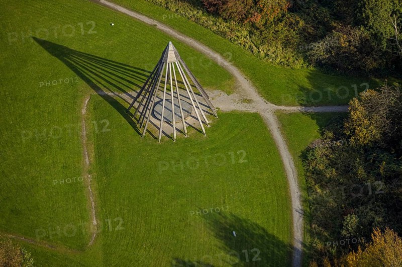 Aerial view, pyramid sculpture with shadows in the health park Quellenbusch in the district south in Bottrop, Ruhr area, North Rhine-Westphalia, Germany, Bottrop, DE, Europe, art, aerial view, aerial photography, aerial photography, park, shadows, sculpture, overview, bird's-eye view, overview