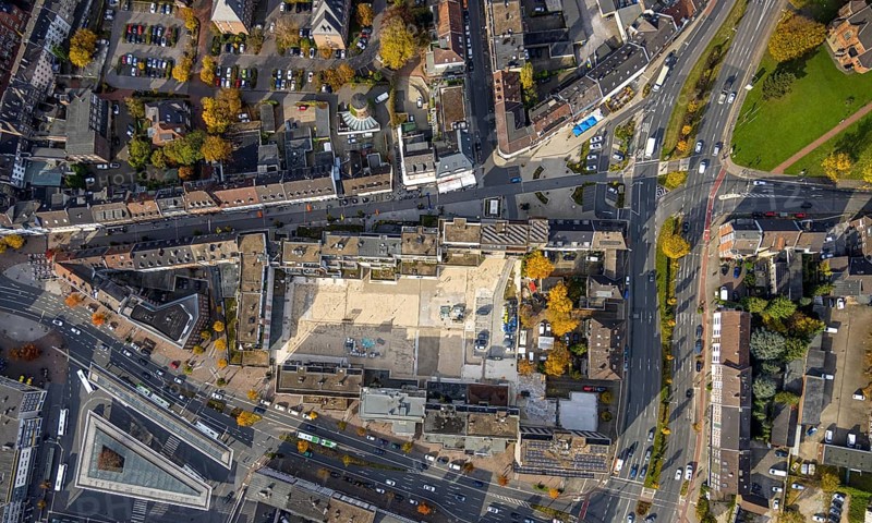 Aerial view, trapeze courtyard reconstruction in the district Altstadt in Bottrop, Ruhr area, North Rhine-Westphalia, Germany, construction work, construction area, construction site, construction project, construction site, Bottrop, DE, Europe, aerial view, aerial photography, aerial photography, trapeze courtyard, overview, bird's eye view, birds-eyes view, overview