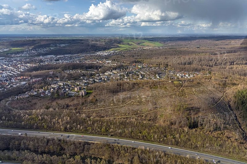 Aerial photo, forest damage on the A46 motorway at Müggenberg, Neheim, Arnsberg, Sauerland, North Rhine-Westphalia, Germany, tree dieback, DE, Europe, distant view, aerial view, aerial photography, aerial photography, overview, bird's-eye view, forest, forest area, forest damage, forest dieback, birds-eyes view, overview