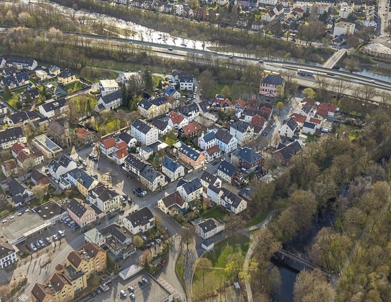 Aerial view, residential area and Gransauplatz, Burg Fresekenhof on the A46 motorway, Neheim, Arnsberg, Sauerland, North Rhine-Westphalia, Germany, Burg, DE, Europe, aerial view, aerial photography, aerial photography, market place, square, overview, bird's-eye view, overview