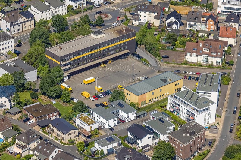 Aerial photo, Deutsch Post Postbank, Neheim, Arnsberg, Sauerland, North Rhine-Westphalia, Germany, DE, Europe, Hochsauerlandkreis, aerial view, aerial photography, aerial photography, Postbank branch, Stembergstraße, overview, bird's-eye view, overview