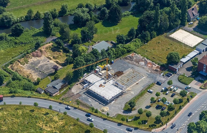 Aerial view, construction site and new construction of the rescue station Rettungsdienst Hagelstein, Hüsten, Arnsberg, Sauerland, North Rhine-Westphalia, Germany, construction work, construction area, building site, building plots, construction project, construction site, DE, Europe, Hochsauerlandkreis, aerial view, aerial photography, aerial photography, new construction, rescue station, overview, bird's-eye view, overview