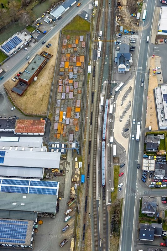 Aerial view, Bad Laasphe station, Siegerland, North Rhine-Westphalia, Germany, Bad Laasphe, railway tracks, railway station, DE, Deutsche Bahn AG, Europe, railway tracks, main station, Hbf, aerial view, aerial photography, aerial photography, overview, bird's-eye view, overview