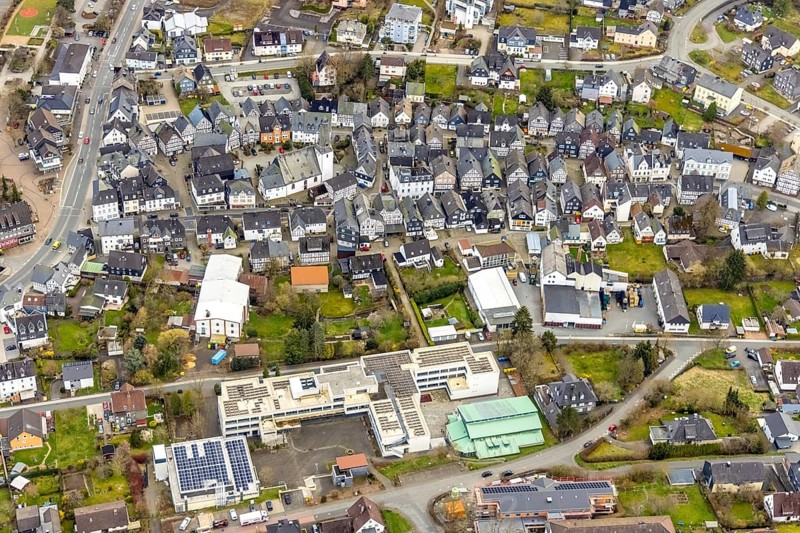 Aerial view, town centre, Städtisches Gymnasium Bad Laasphe, Evang. Church Bad Laasphe, church square, Bad Laasphe, Siegerland, North Rhine-Westphalia, Germany, old town, place of worship, education, educational institution, DE, Europe, half-timbered houses, religious community, place of worship, property tax, grammar school, holy place, church, parish, denomination, educational institute, aerial view, aerial photography, aerial photography, religion, religious site, school, overview, bird's eye view, residential complex, living and life, residential area, residential buildings, birds-eyes view, overview
