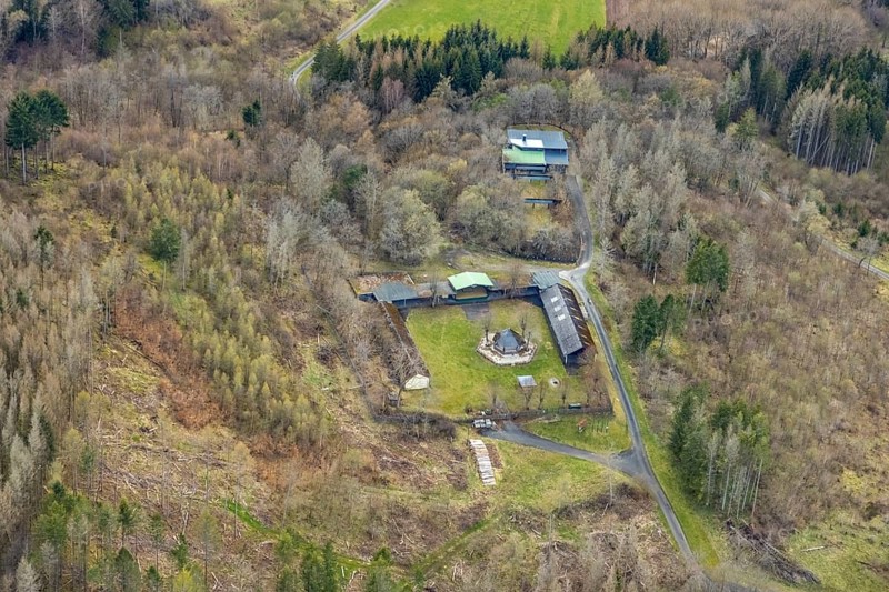 Aerial view, Bad Laaspher Schützenplatz am spa garden, Bad Laasphe, Siegerland, North Rhine-Westphalia, Germany, tree dieback, DE, Europe, aerial view, aerial photography, aerial photography, Schützenplatz, overview, bird's-eye view, forest, forest damage, forest dieback, birds-eyes view, overview