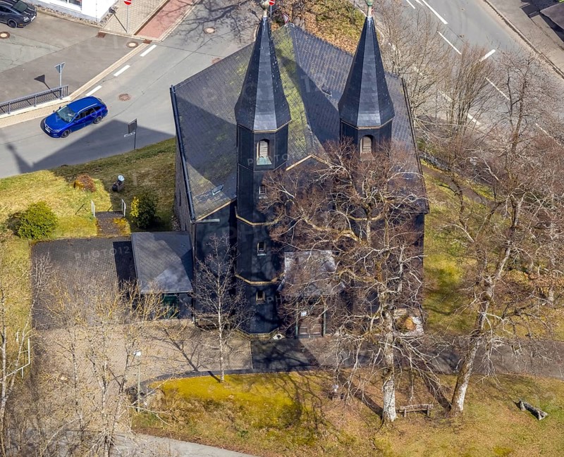 Aerial photo, Protestant church in Banfe, Bad Laasphe, Siegerland, North Rhine-Westphalia, Germany, DE, Europe, aerial view, aerial photography, aerial photography, overview, bird's-eye view, overview