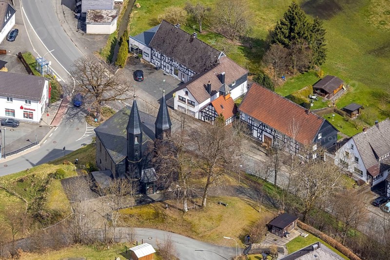 Aerial photo, Protestant church in Banfe, Bad Laasphe, Siegerland, North Rhine-Westphalia, Germany, DE, Europe, aerial view, aerial photography, aerial photography, overview, bird's-eye view, overview