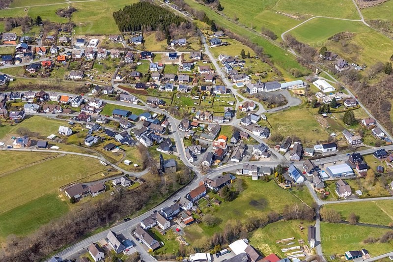Aerial view, local view, Banfe Valley School and Protestant Church in Banfe, Bad Laasphe, Siegerland, North Rhine-Westphalia, Germany, place of worship, education, educational institution, DE, Europe, religious community, place of worship, holy place, church, parish, denomination, educational institute, aerial view, aerial photography, aerial photography, religion, religious site, school, overview, bird's-eye view, overview