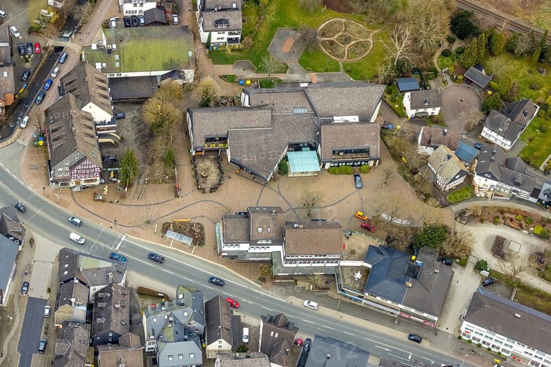 Aerial view, Mushroom Museum and Ratsschänke am Wilhelmsplatz Bad Laasphe, Siegerland, North Rhine-Westphalia, Germany, Bad Laasphe, DE, Europe, gastronomy, aerial view, aerial photography, aerial photography, museum, overview, bird's-eye view, overview