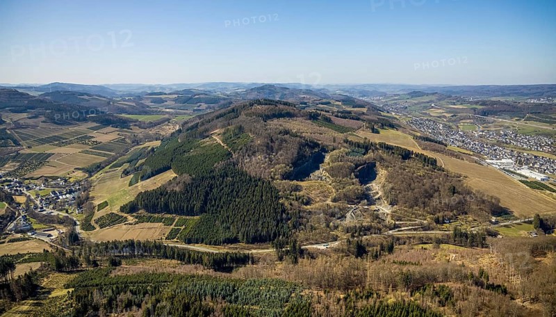 Aerial view, forest area and quarry Heringhauser Straße, Bestwig, Sauerland, North Rhine-Westphalia, Germany, DE, Europe, distant view, hilly landscape, aerial view, aerial photography, aerial photography, overview, bird's-eye view, forest area, birds-eyes view, overview