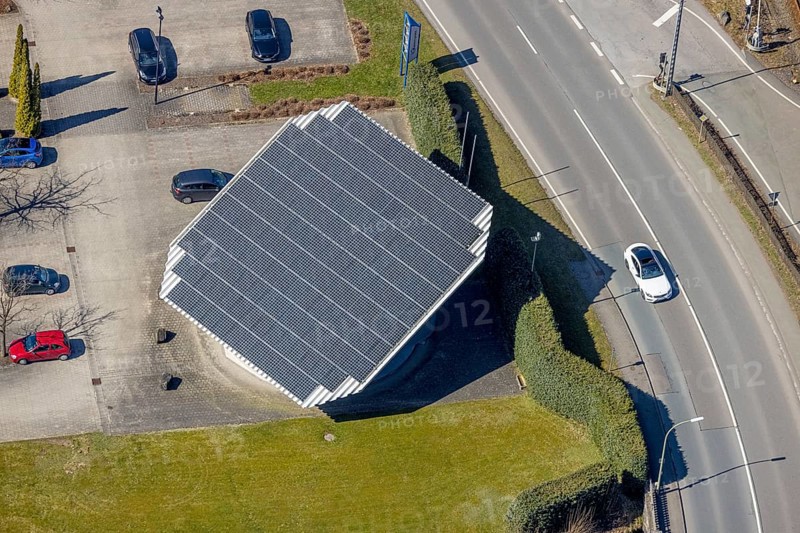 Aerial view, company building Ramspott GmbH, solar roof, Nuttlar, Bestwig, Sauerland, North Rhine-Westphalia, Germany, DE, Europe, commercial enterprises, commercial area, commercial location, commercial use, aerial view, aerial photography, aerial photography, photovoltaic, photovoltaic system, solar, solar system, solar energy, solar energy, overview, bird's-eye view, birds-eyes view, overview