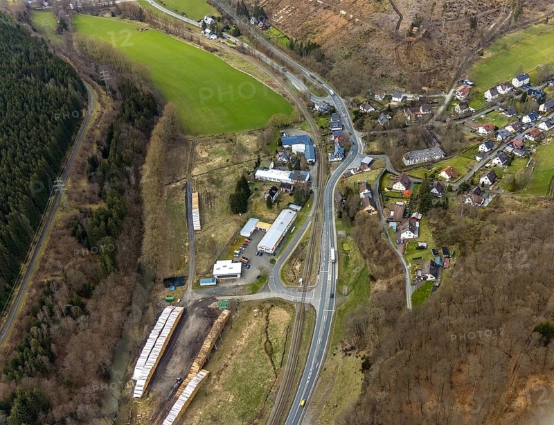 Aerial photo, Hopfengarten timber yard, Saßmannshausen town centre, Bad Laasphe, Siegerland, North Rhine-Westphalia, Germany, DE, Europe, aerial view, aerial photography, aerial photography, overview, bird's-eye view, overview