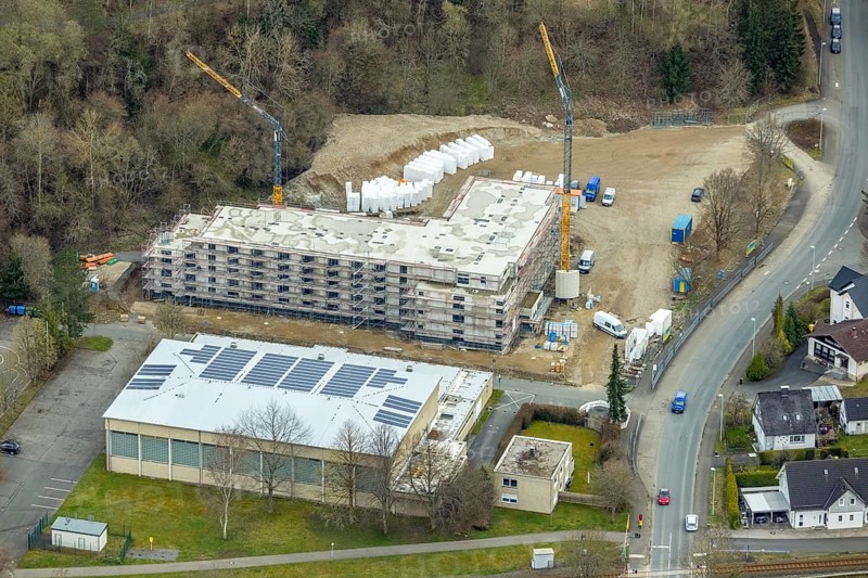 Aerial view, construction site and new construction of a senior citizens' residence on the former main school grounds, Bad Laasphe, Siegerland, North Rhine-Westphalia, Germany, retirement home, old people's home, care and nursing, DE, Europe, aerial view, aerial photography, aerial photography, care facility, retirement home, senior citizens' residence, retirement home, senior citizens' centre, overview, bird's-eye view, overview
