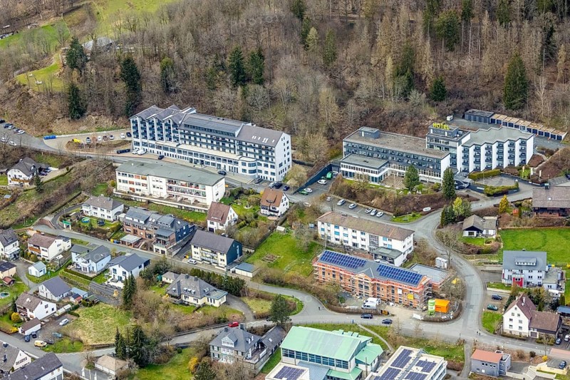 Aerial view, site view, Diakonisches Werk Wittgenstein, Designhotel AM Fang, construction site with new building August-Hermann-Francke-Haus, Bad Laasphe, Siegerland, North Rhine-Westphalia, Germany, DE, Europe, gastronomy, hotel, hotel facilities, hotel business, aerial view, aerial photography, aerial photography, overview, bird's-eye view, overview